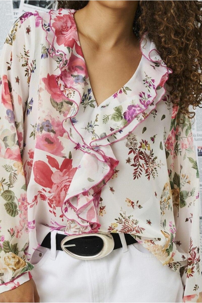 ONLMILLA LS FRILL TOP WVN 15370536 CLOUD DANCER/PATCHWORK